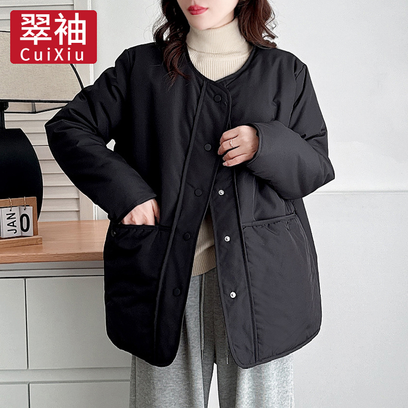 翠袖大码女装胖mm圆领宽松棉衣棉服女秋冬季2025新款夹棉外套棉袄