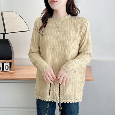 翠袖大码女装法式花边加绒蕾丝打底衫女秋冬2025新款显瘦内搭上衣