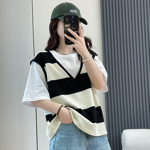 夏季大码胖mm条纹假两件纯棉短袖t恤女2026新款宽松显瘦减龄上衣