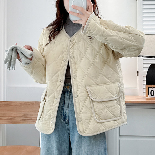 翠袖大码女装胖mm加厚菱格棉服外套女2025新款冬季宽松棉衣夹棉袄