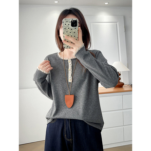 蕾丝拼接长袖 女装 T恤2026秋冬季 新款 翠袖 胖mm加绒内搭打底衫 大码