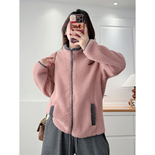 新款 翠袖 胖mm立领羊羔绒毛毛外套冬季 女装 保暖加厚颗粒绒上衣 大码