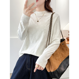 女春秋冬长袖 翠袖 胖mm提花半高领打底衫 女装 T恤宽松内搭上衣 大码