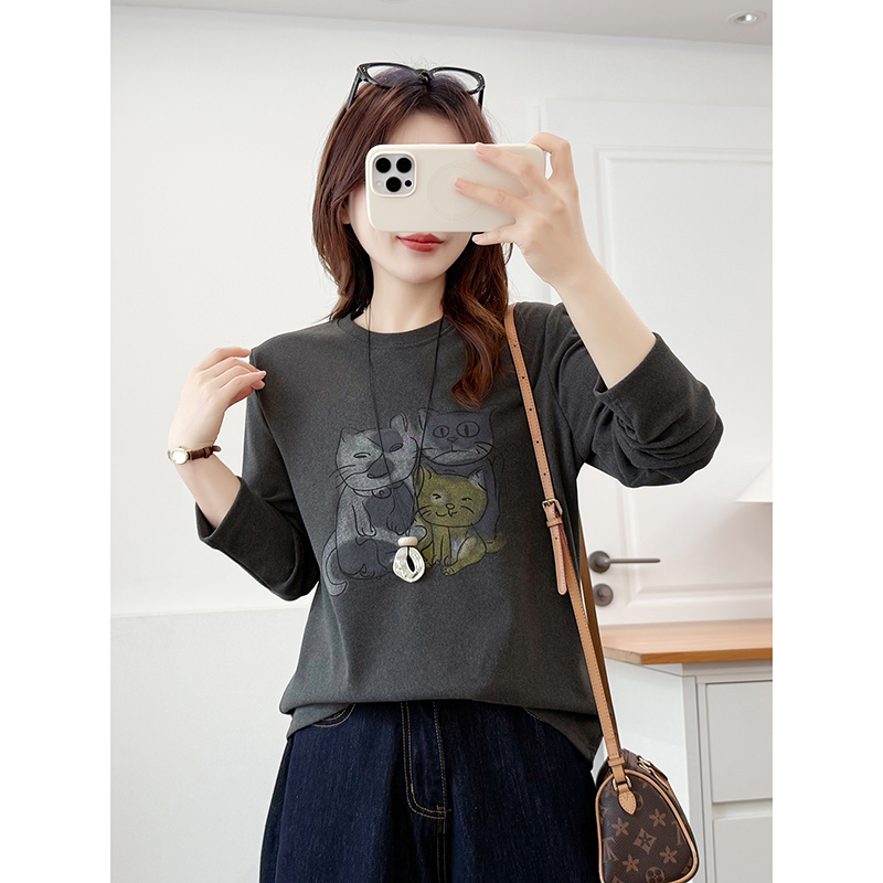 翠袖大码女装胖mm德绒打底衫猫咪印花长袖T恤女秋冬百搭显瘦上衣
