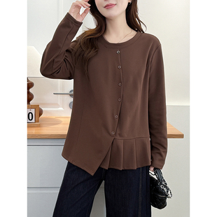 大码 胖mm长袖 女装 春秋款 T恤上衣 设计感不规则褶皱显瘦打底衫 翠袖