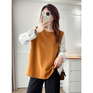 宽松遮肚显瘦雪纺上衣气质小衫 大码 T恤女秋季 胖mm假两件长袖 女装