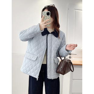 胖mm撞色翻领菱格纹棉服女秋冬夹棉保暖外套减龄棉衣 女装 翠袖 大码