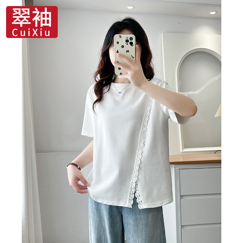 翠袖大码女装200斤胖mm蕾丝花边下摆开叉圆领短袖T恤女2026夏新款