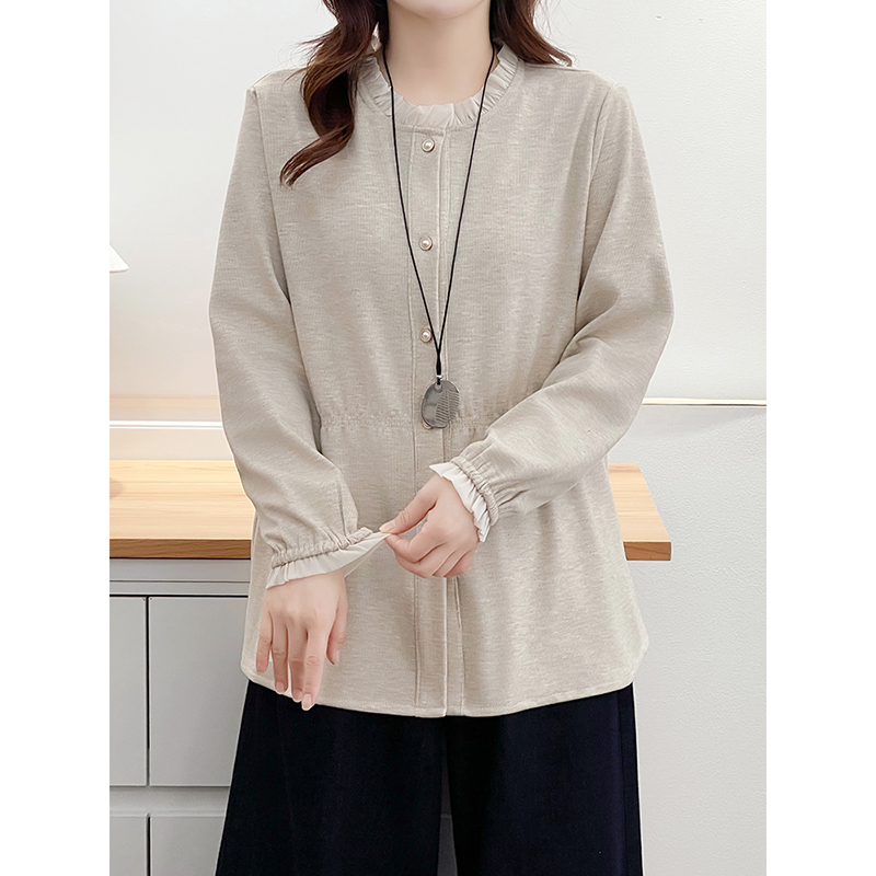 翠袖大码女装木耳边拼接气质小衫秋冬加绒加厚收腰显瘦打底衫上衣