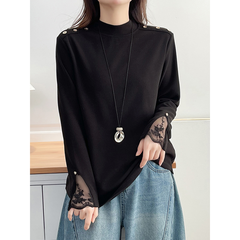 翠袖大码女装慕斯绒蕾丝半高领打底衫女秋冬胖mm长袖T恤内搭上衣