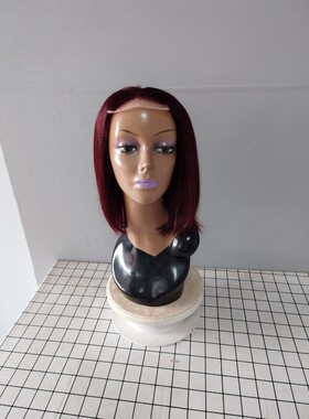 包邮假发2023热卖酒红色前蕾丝假发女短直发真人发4x4蕾丝30cm