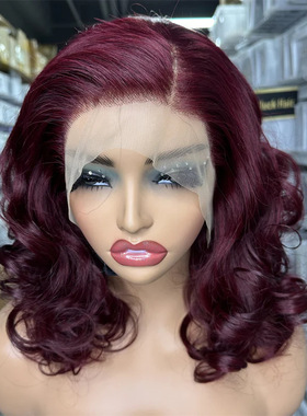 暗酒红色bouncy curly lace front wig synthetic 16in 高温丝头