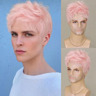 时尚 欧美假发男士 俏丽短假发 男女同款 wigs 粉色短发全头套 Pixie