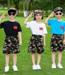 儿童迷彩服纯棉短裤套装幼儿园夏表演服小学生夏令营军训服演出服