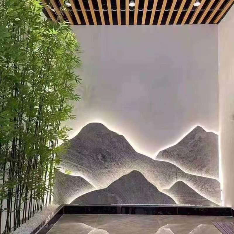天然雪浪石切片石雕背景墙中式庭院假山造景室内外装饰灯光影壁墙