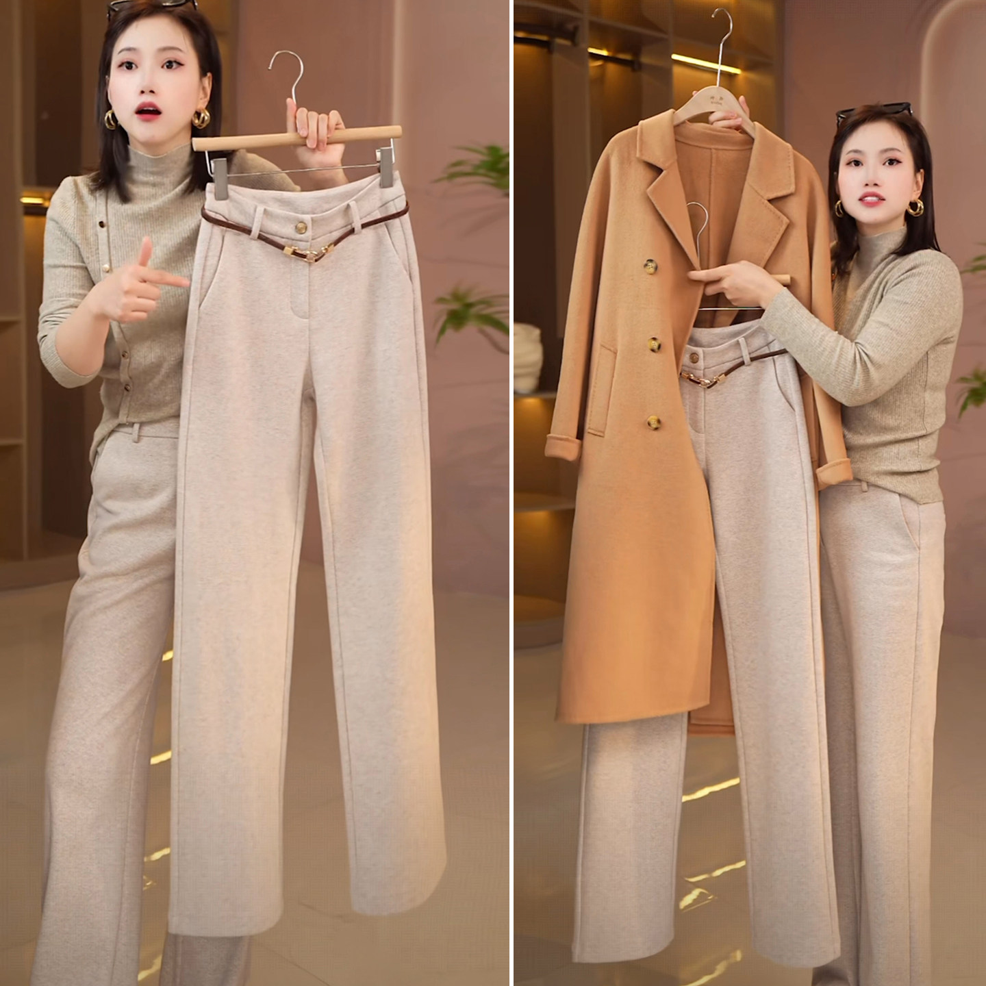 羊毛阔腿裤2025新款女休闲裤秋冬季加绒裤子宽松直筒裤九分西装裤