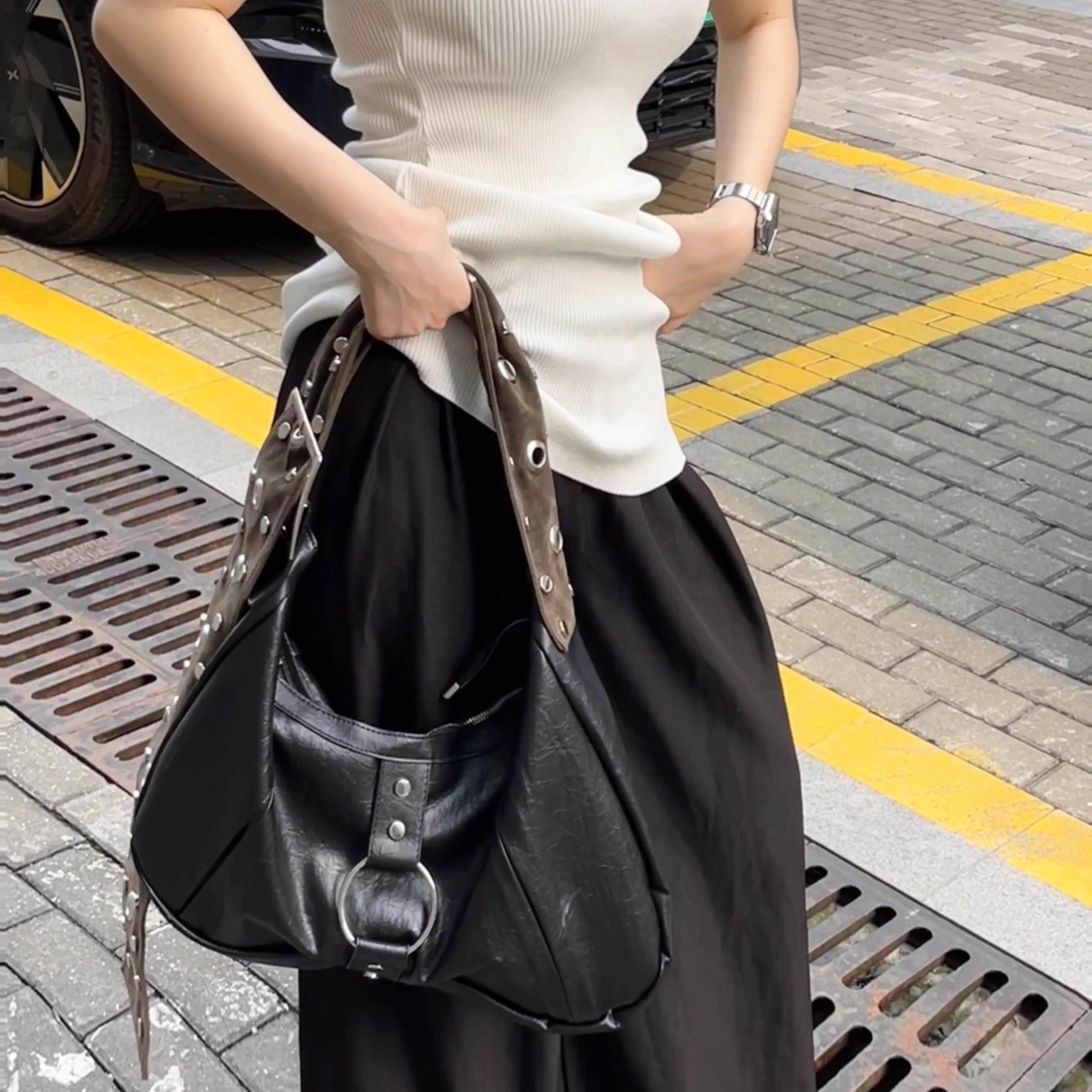 2025春夏欧美y2k复古大容量辣妹机车包小众宽肩带通勤托特包包女