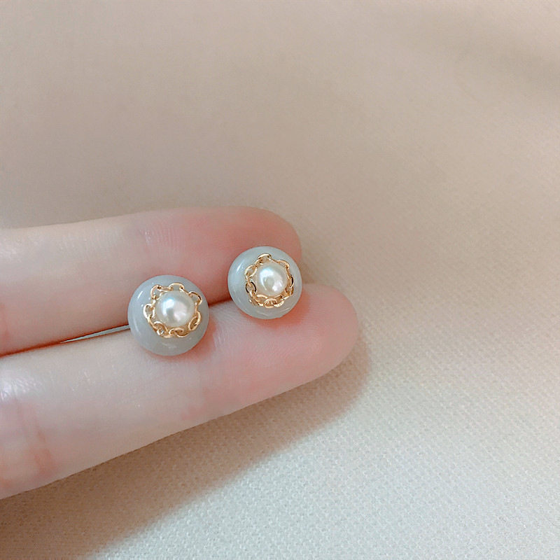 S925纯银天然翡翠珍珠玉石耳钉女小清新国风百搭气质耳环