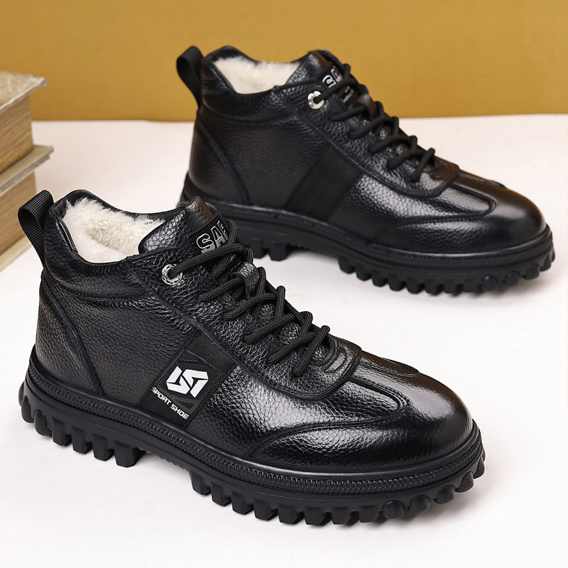 冬季奥伦头层牛皮加绒保暖羊毛棉鞋高邦雪地靴真皮厚底防滑男鞋