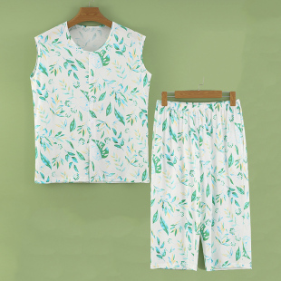 七分裤 夏季 女宽肩无袖 纯棉家居服套装 睡衣睡衣宽松妈妈家居服 薄款