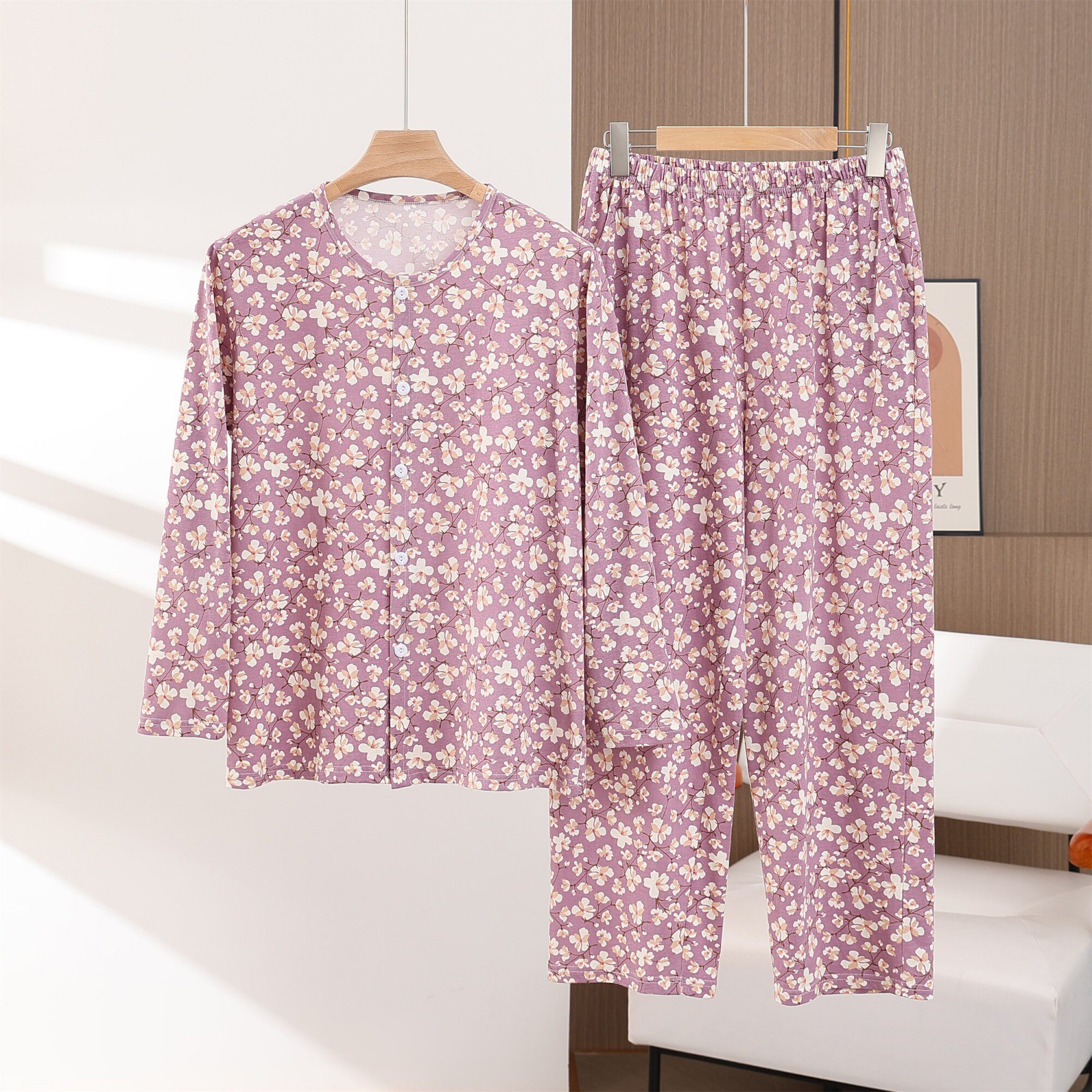 妈妈纯棉长袖薄款睡衣睡裤中老年人大码开衫居家服套装奶奶春夏装