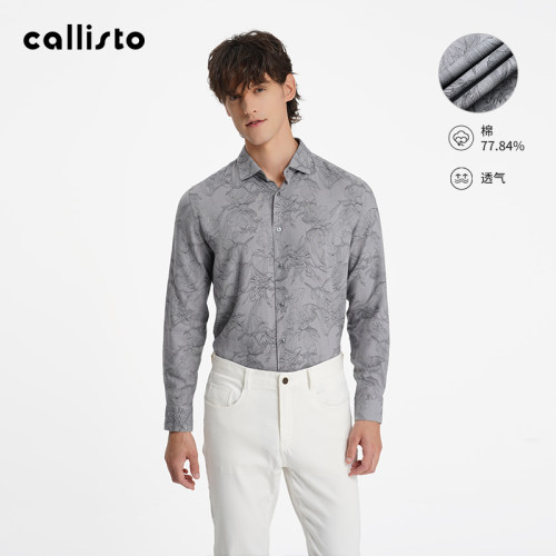 【商场同款】callisto男装春新品男士棉麻混纺印花长袖休闲衬衫