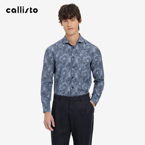 【商场同款】callisto2026春新品男士印花长袖莱赛尔亚麻混纺衬衫