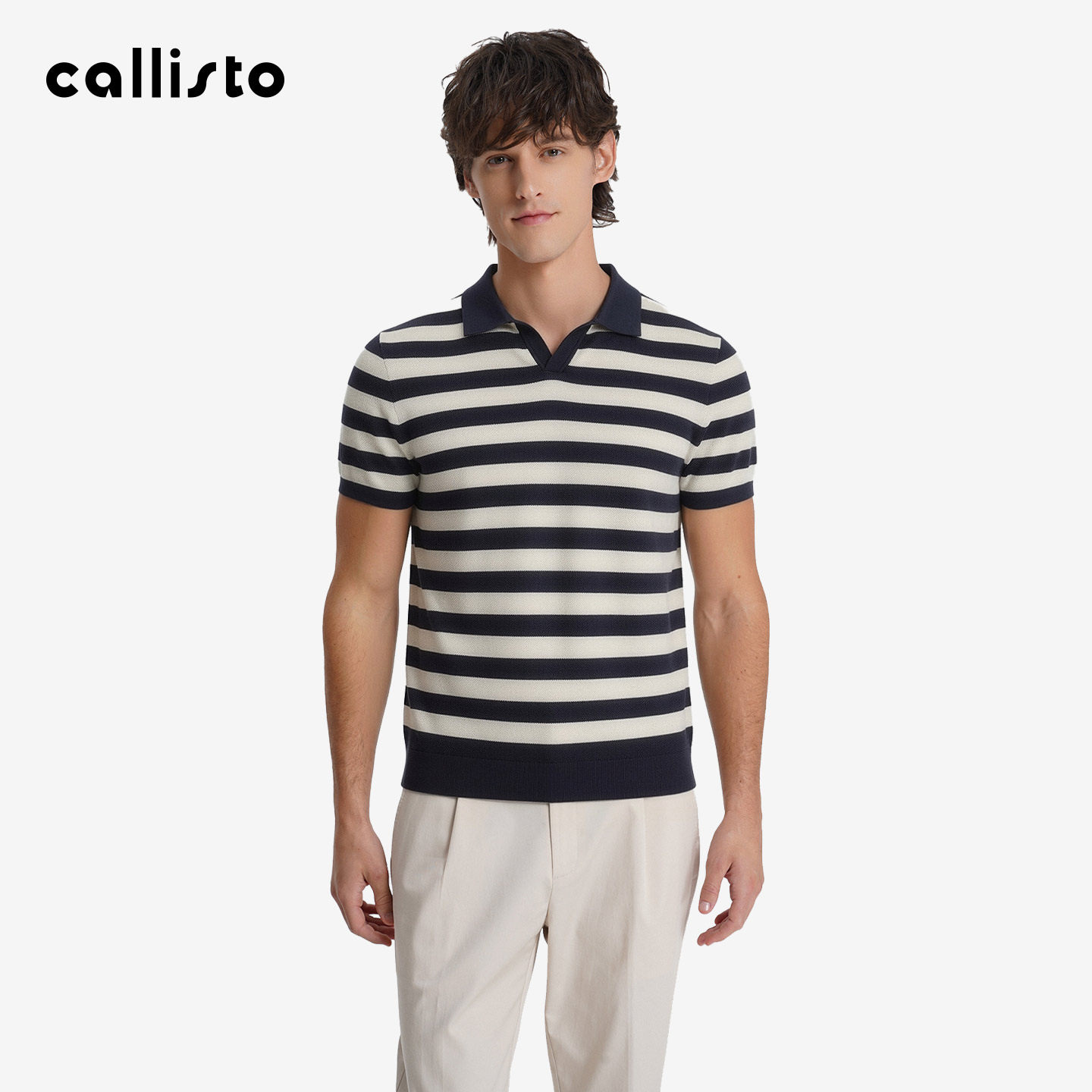 【长绒棉】callisto2026夏新款男士短袖海军条纹燕子领时尚POLO