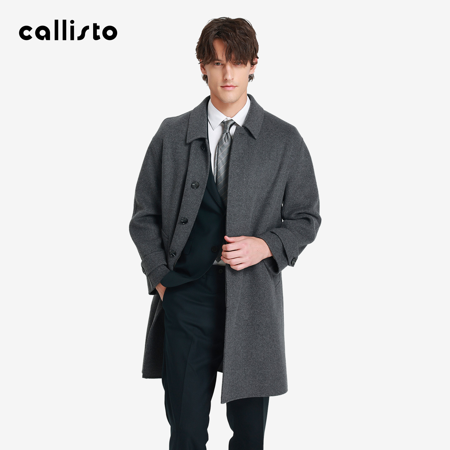 【商场同款】callisto2025冬季新款男士中长款纯绵羊翻领保暖大衣