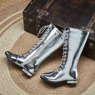 女童鞋银色走秀马丁长靴2024秋冬季新款女孩长筒高筒靴子单靴春秋