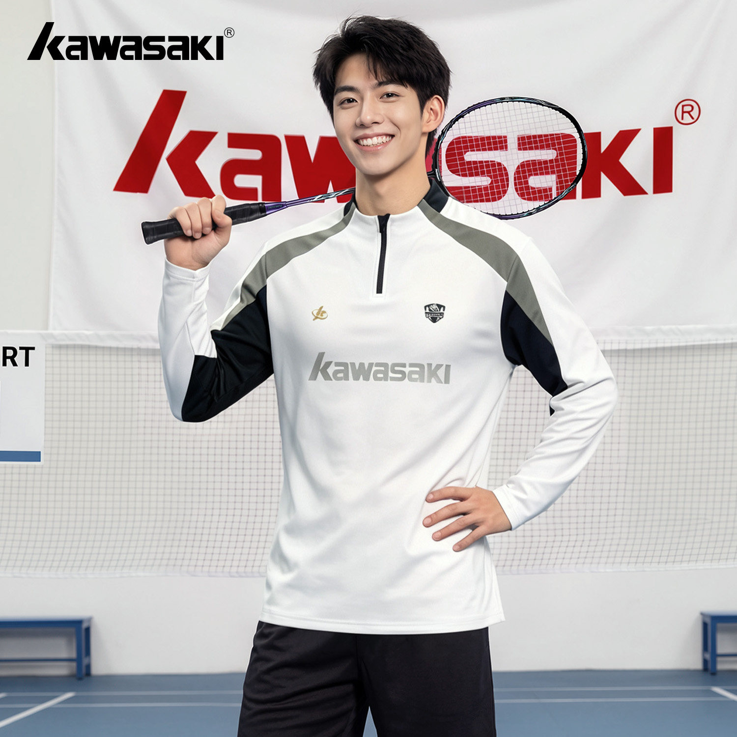 川崎速干骑行健身运动长袖男款半拉链训练服羽毛球服上衣T恤秋冬