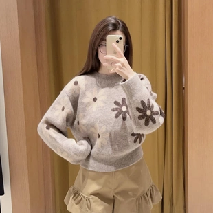 花卉雏菊撞色图案圆领毛针织衫 法式 SFPPU02058 女装 S家25秋冬新款