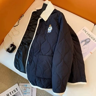 菱格宽松加厚翻领外套 时尚 美式 复古小熊刺绣撞色包边棉服男女冬季