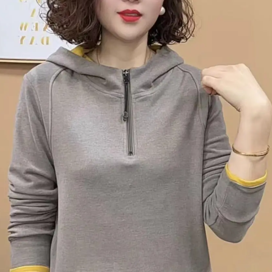 冬季新款双面绒打底衫气质百搭显瘦减龄设计感半拉链撞色连帽卫衣