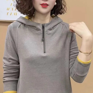 双面绒打底衫 气质百搭显瘦减龄设计感半拉链撞色连帽卫衣 新款 冬季