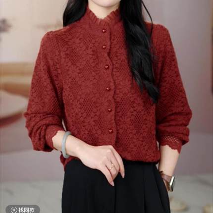冬季新款加绒加厚蕾丝木耳领打底衫气质百搭显瘦减龄纯色打底衫女