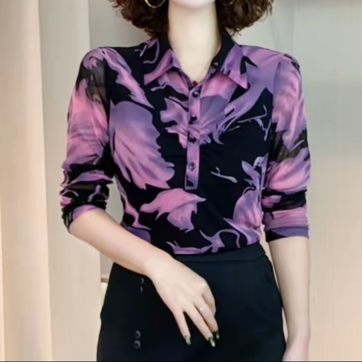 秋季新款翻领玫紫色长袖弹力网纱修身优雅显瘦减龄休闲百搭上衣女