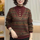 加绒加厚民族风条纹卫衣宽松金属扣装 冬季 新款 饰休闲百搭妈妈上衣