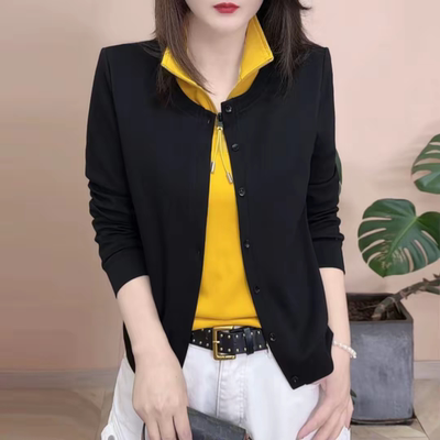 春季新款时尚洋气立领卫衣显瘦减龄百搭休闲假两件拼接妈妈上衣