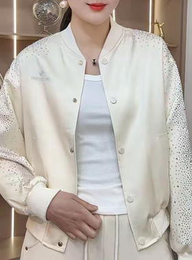 春季新款纯色休闲设计感亮片拼接棒球服短外套女百搭时尚夹克上衣