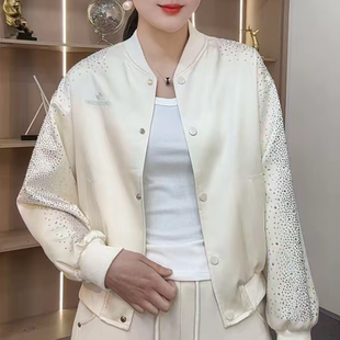 春季新款纯色休闲设计感亮片拼接棒球服短外套女百搭时尚夹克上衣