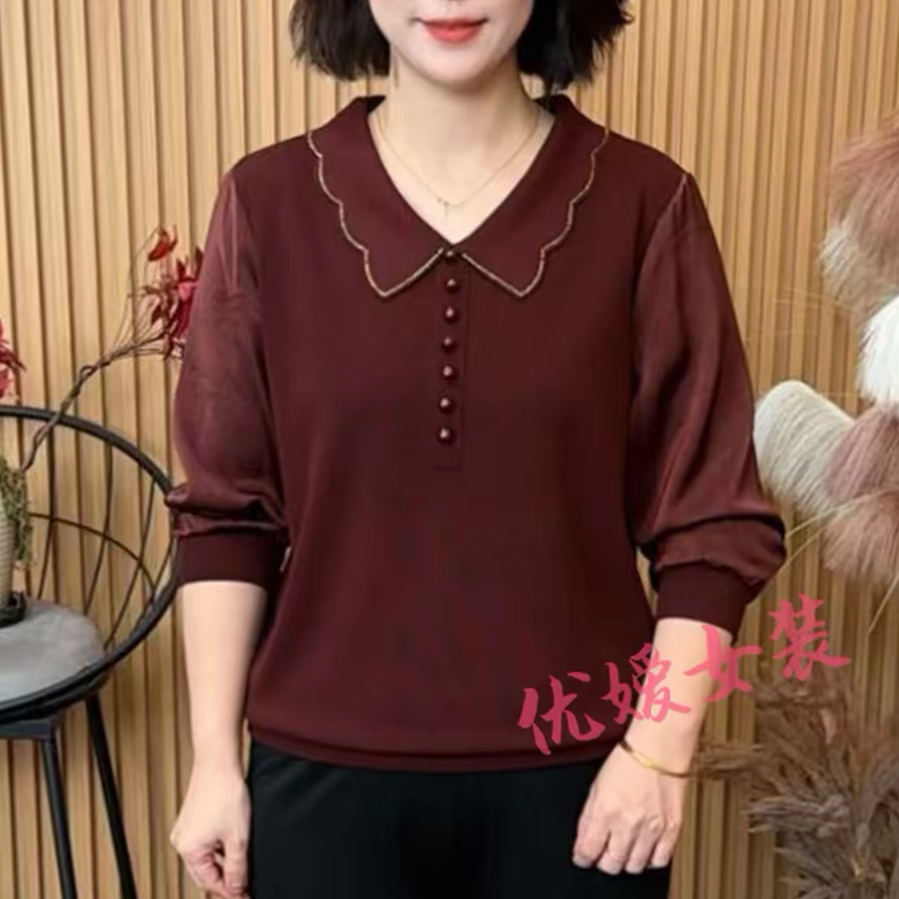 秋季新款时尚娃娃领纯色显瘦烫钻花边长袖上衣气质妈妈拼接小衫女
