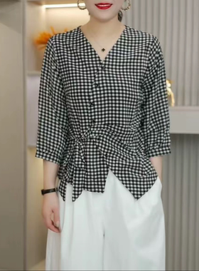 秋季新款时尚洋气交叉领系绳衬衫法式减龄休闲气质绿色印花上衣女