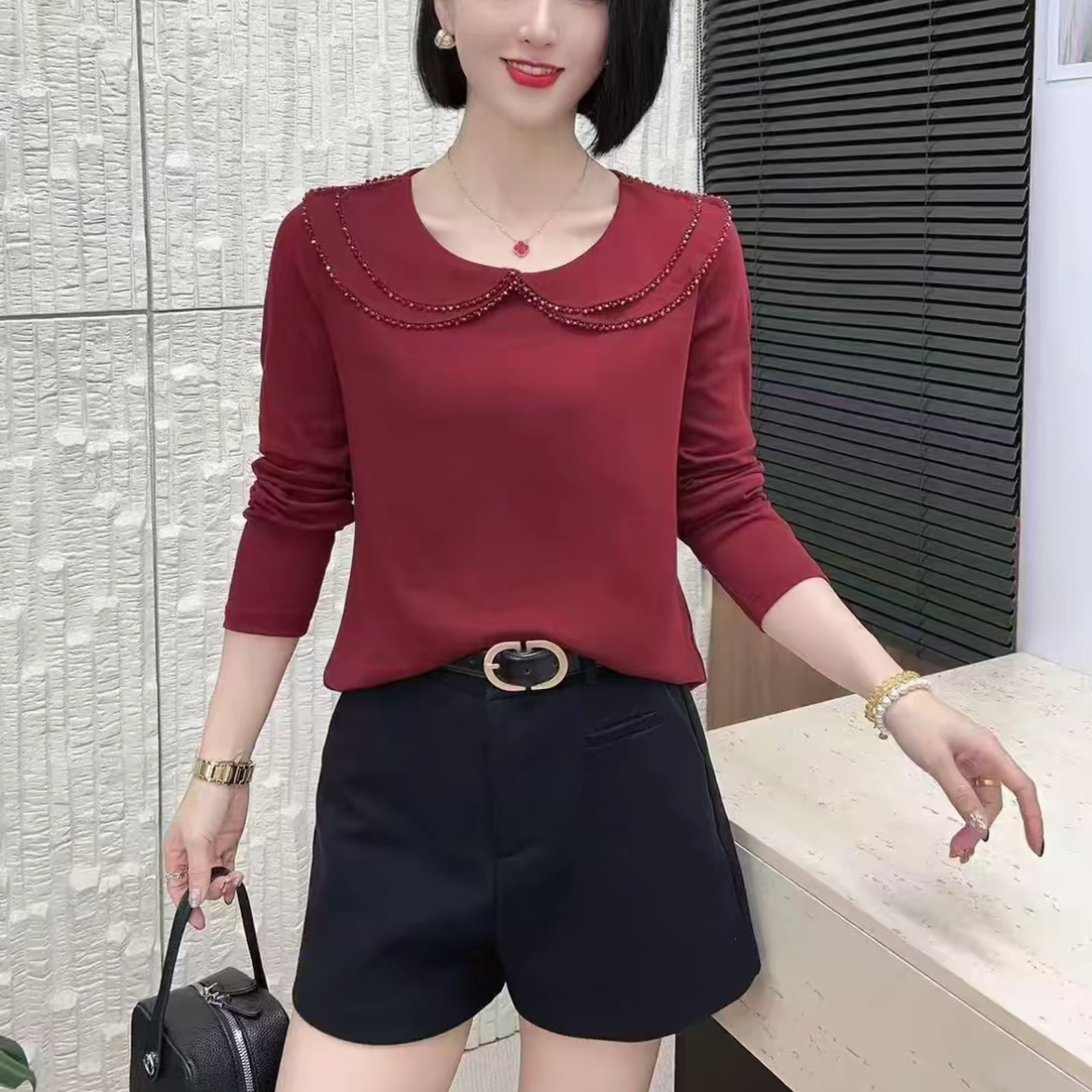 秋季新款时尚洋气长袖显瘦减龄设计感娃娃领纯色百搭打底衫上衣女,女装/女士精品,T恤,淘宝优惠券,粉丝福利购,淘宝优惠卷