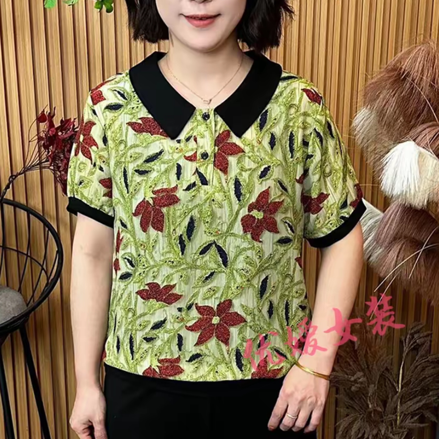 夏季新款娃娃领印花短袖气质百搭显瘦减龄宽松洋气拼接大花打底衫