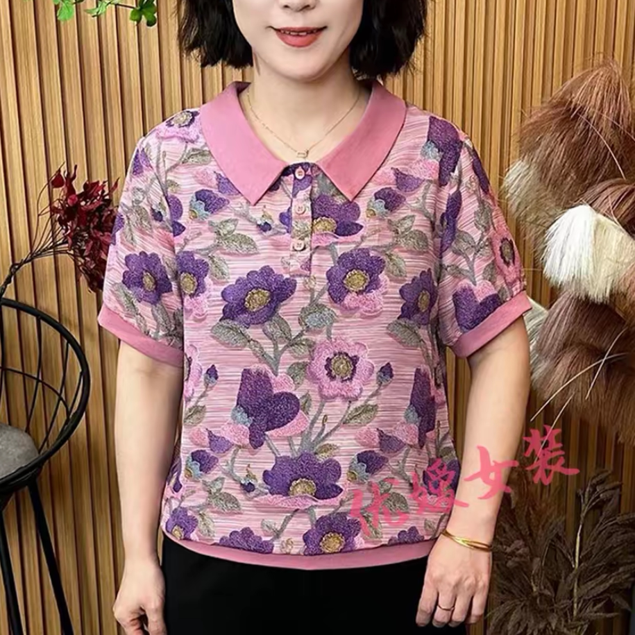 夏季新款娃娃领大花印花短袖气质百搭显瘦减龄宽松洋气拼接打底衫
