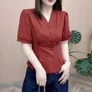 韩版 夏季 女百搭纯色显瘦气质设计感衬衣洋气时尚 短袖 上衣 V领衬衫