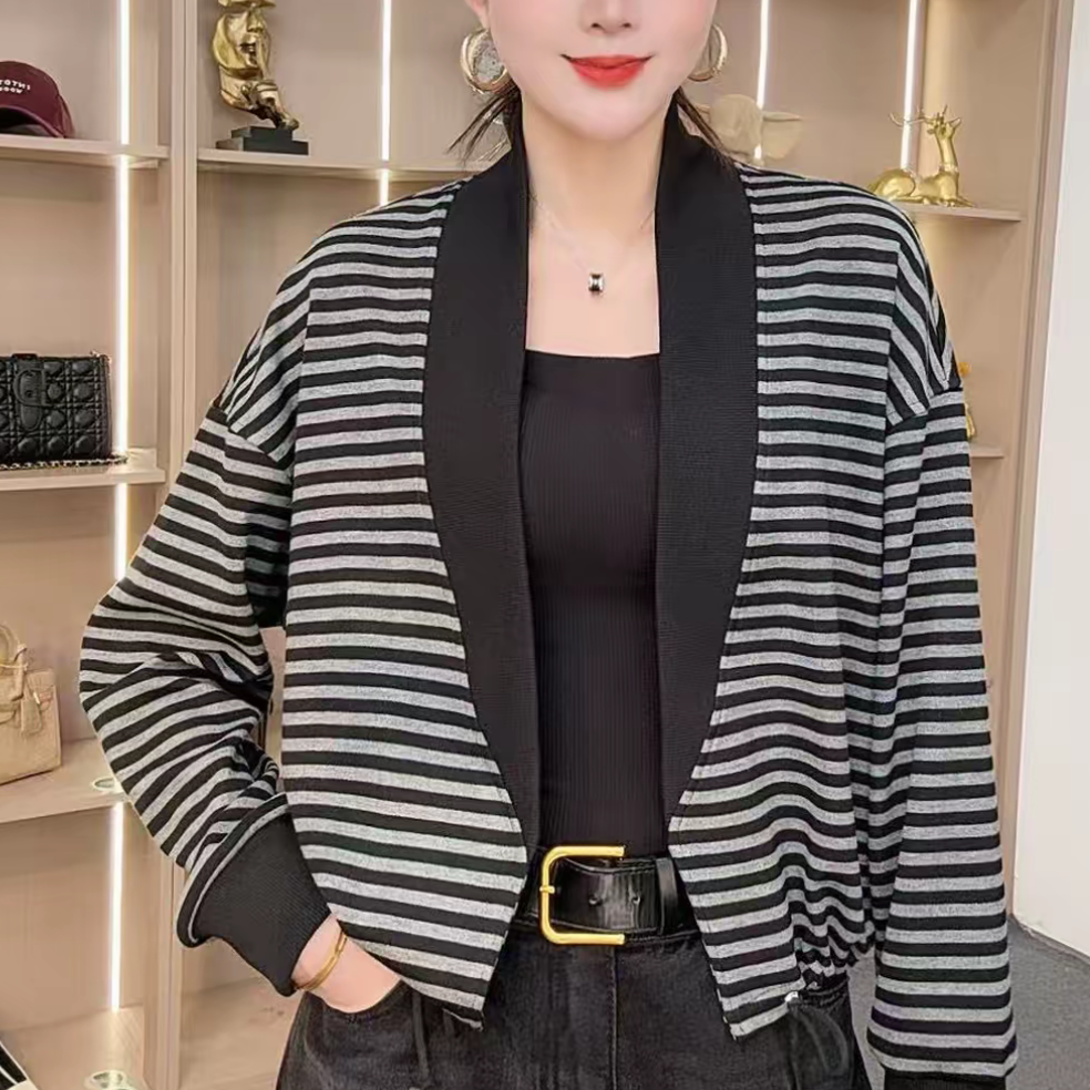 秋季新款简约工装短款外套宽松条纹高级感小个子上衣拼接开衫