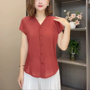 洋气纯色短袖 时尚 法式 衬衫 上衣女 夏季 休闲设计感减龄洋气开衫 新款