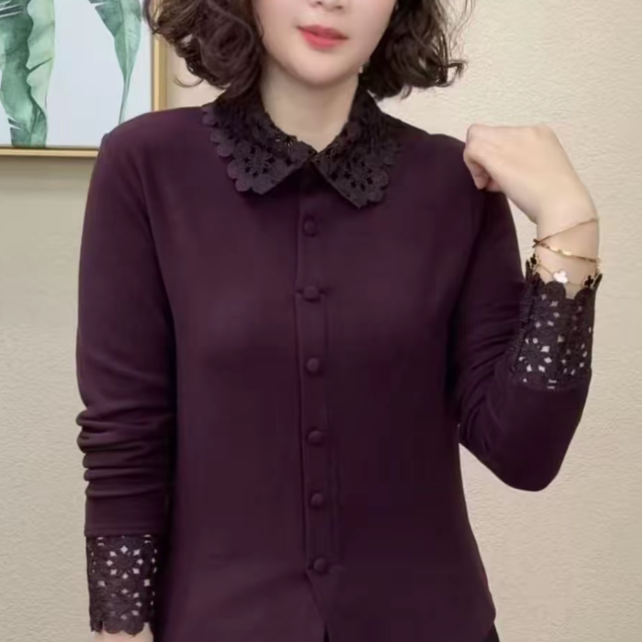 冬季新款双面绒长袖上衣气质百搭显瘦休闲衬衫领蕾丝拼接套头T恤